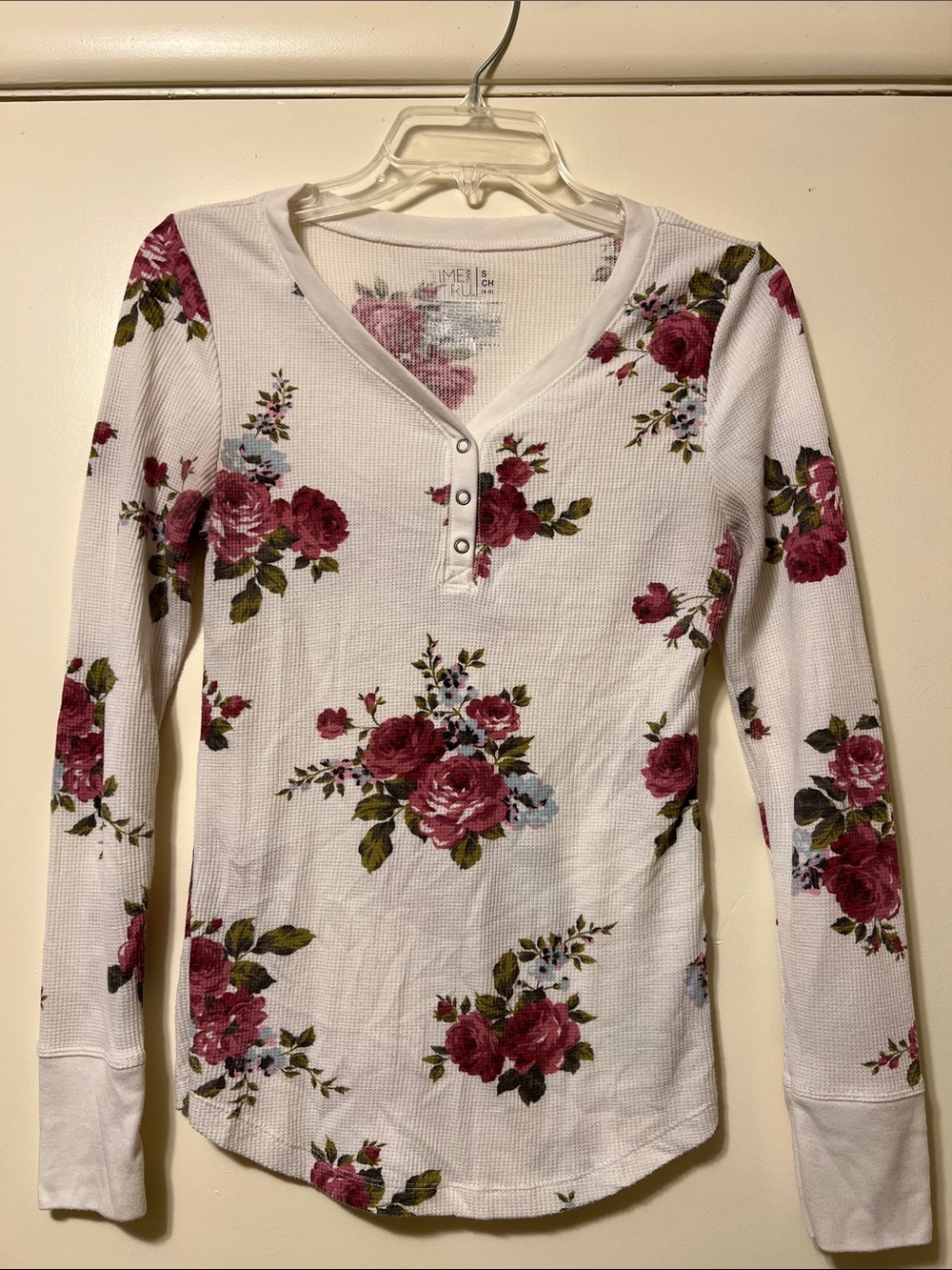 Floral Henley Long Sleeve Top - White with Pink Rose Print S Like New